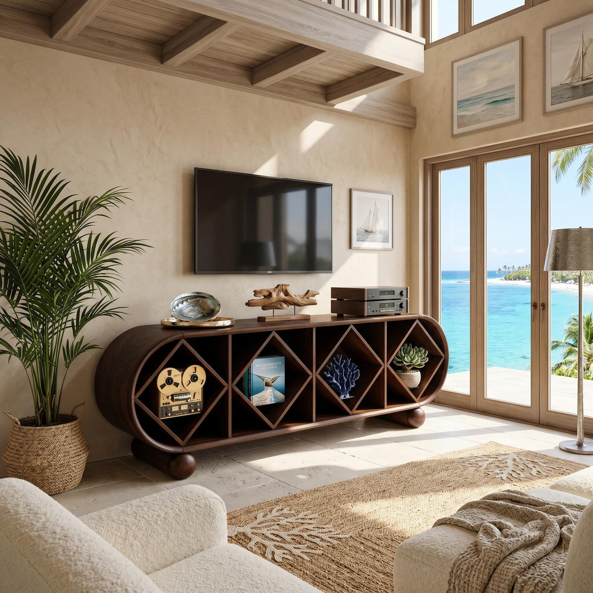Contemporary Linear TV Console, Sleek Wooden Media Cabinet Sideboard for Living Room