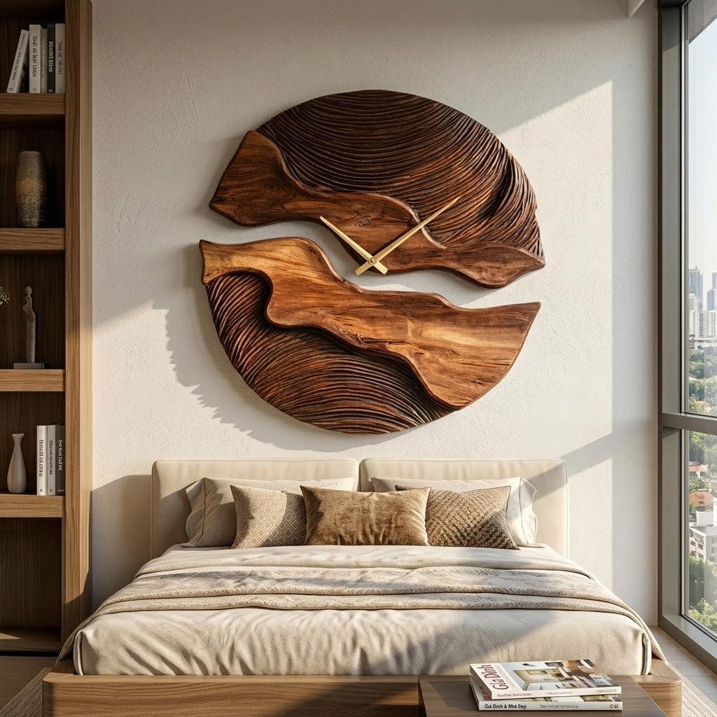 Organic Wooden Wall Clock, Handcrafted Unique Shape Solid Wood Timepiece for Designer Living Room