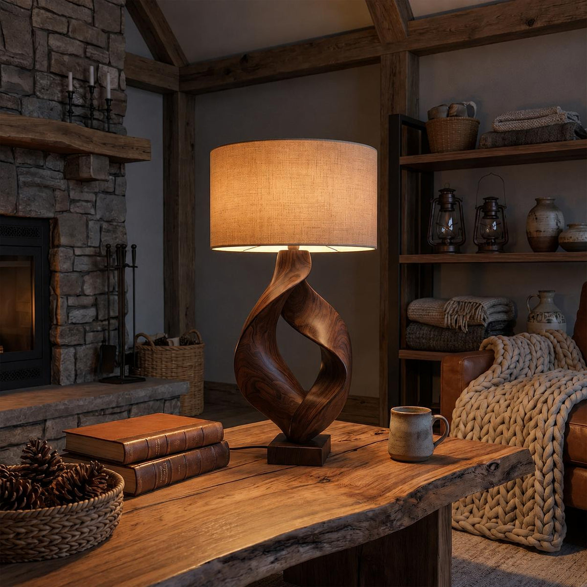 Rustic Sculptural Wood Table Lamp, Cozy Lodge Driftwood Style Accent Light for Living Room
