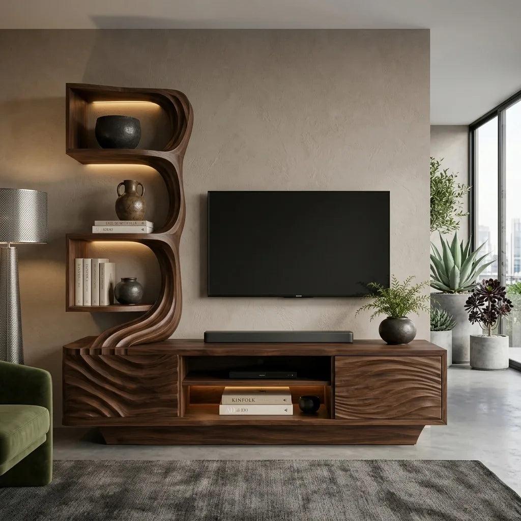 Modern Wave Carved TV Stand With Shelving For Living Room