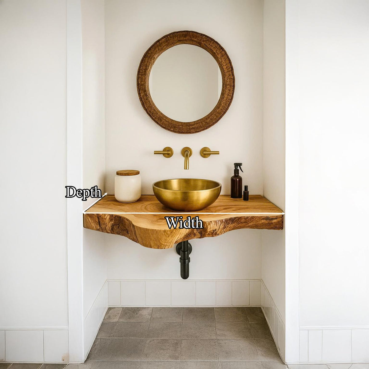 Rustic Floating Shelf, Live Edge Solid Wood Bathroom Vanity, Single Sink Washroom Countertop Console Shelf