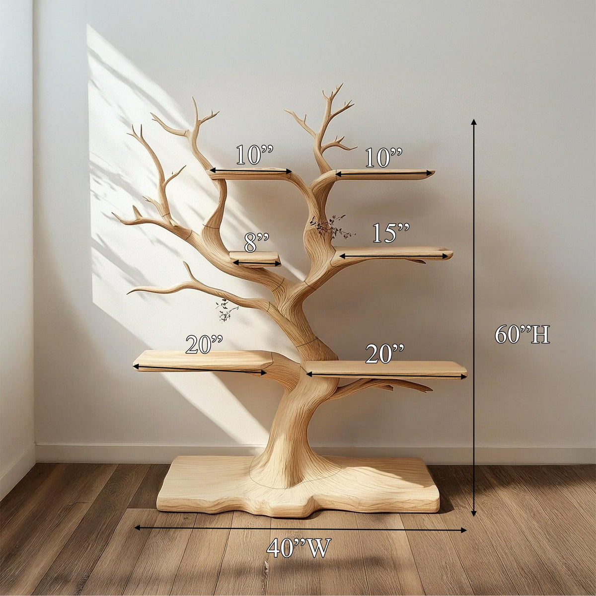 Rustic Organic Standing Tree Shelf, Free Standing Solid Wood Branch Bookshelf & Artistic Display for Bedroom, Living Room