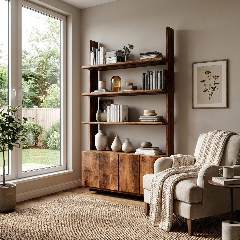 Modern Wood Bookshelf with Open Storage Shelves & Drawers, Handcrafted Bookcase for Living Room & Office