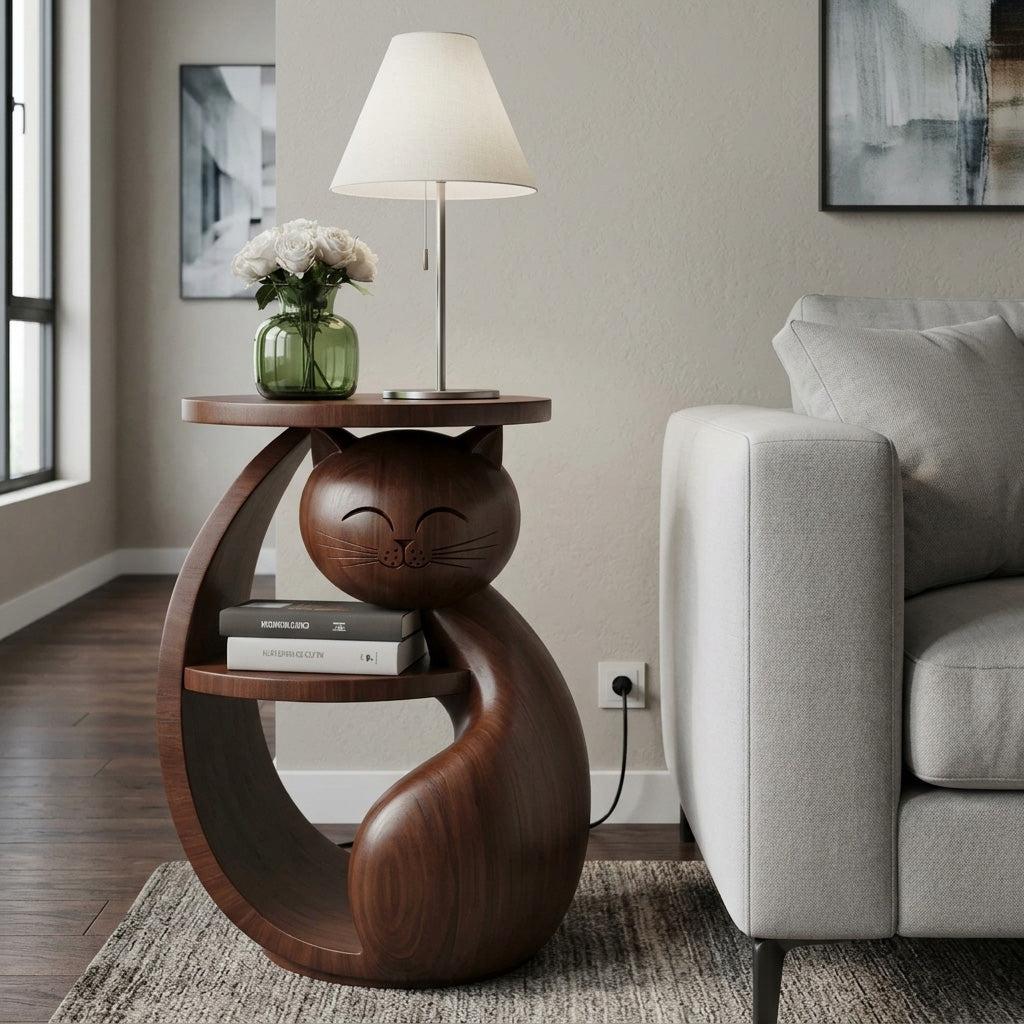 Whimsical Cat Shaped Wooden Side Table With Shelf For Bedroom Or Kids Room
