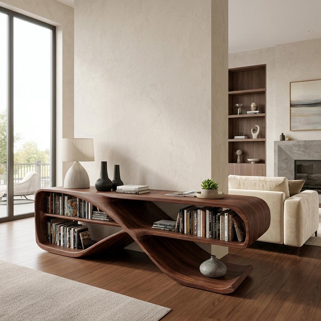 Modern Organic Wooden Console Table, Handcrafted Solid Wood Entryway Table for Living Room & Hallway Decor, Model
