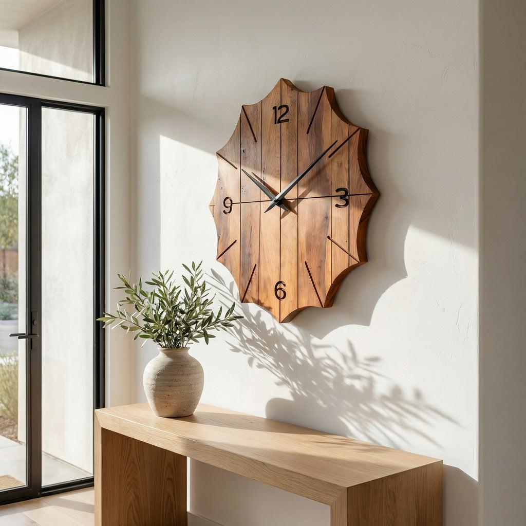 Organic Wooden Wall Clock, Handcrafted Solid Wood Floating Minimalist Timepiece for Living Room Decor