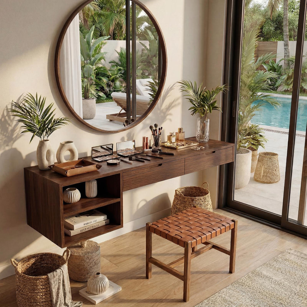 Spry Interior Organic Wood Vanity Table, Rustic Bedroom Makeup Dressing Desk & Beauty Station, SILDTTRMV017