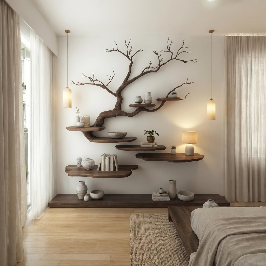 Rustic Tree Branch Wall Mounted Bookshelf For Living Room And Bedroom Space