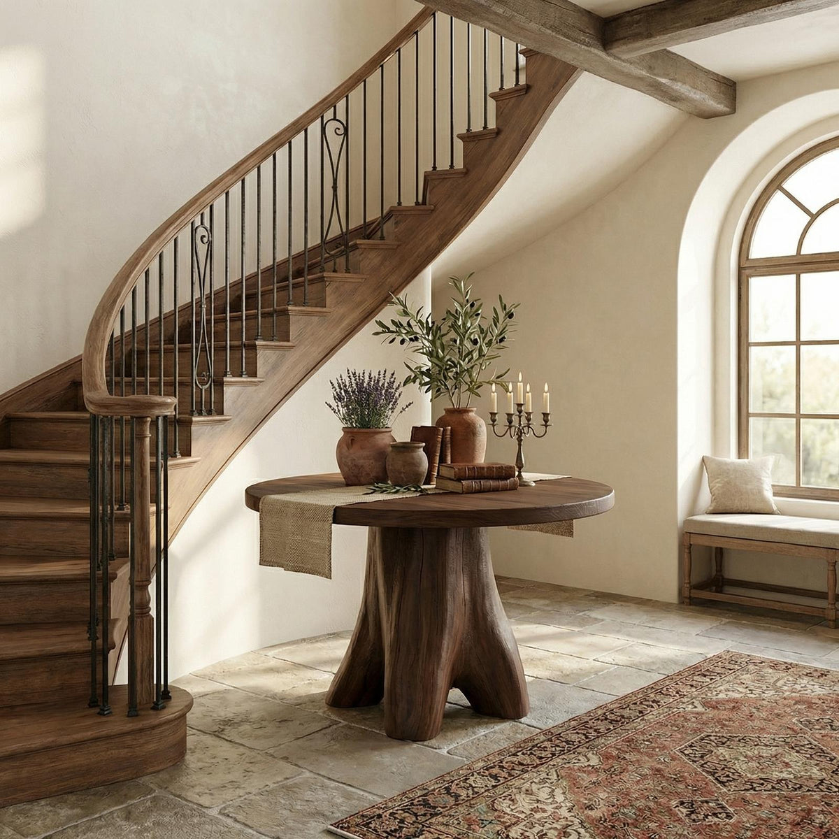 Modern Sculptural Foyer Table, Solid Wood Pedestal Entryway Accent Table for Living Room