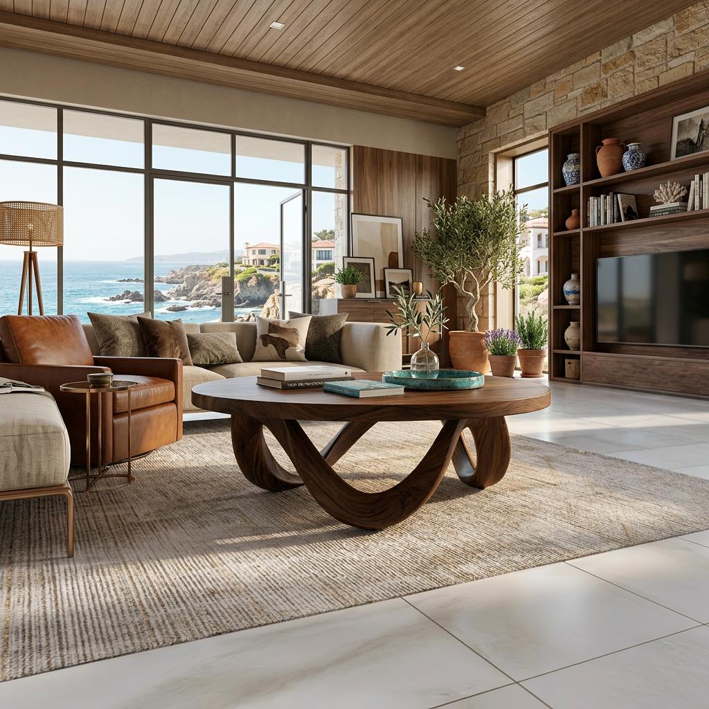 Modern Wooden Coffee Table with Unique Base Design, Handcrafted Solid Wood Living Room Center Table, Model