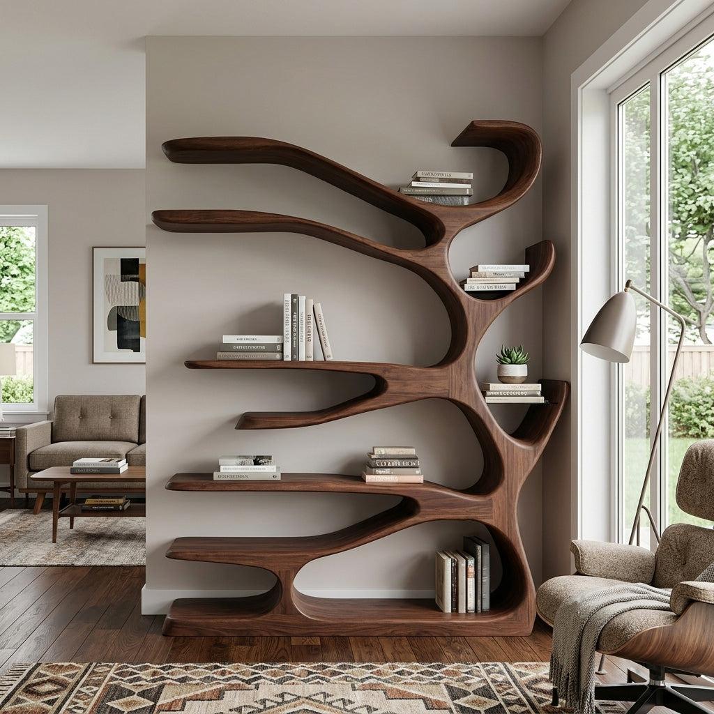 Rustic Wood Bookshelf, Handcrafted Solid Wood Bookcase with Open Shelves for Living Room & Office Home Furniture