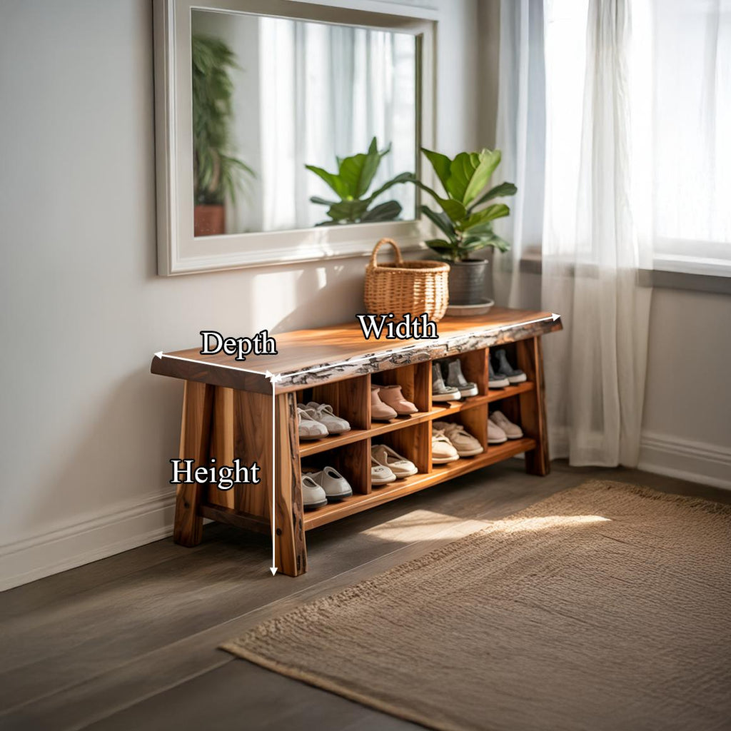 Rustic Live Edge Wood Shoe Bench, Handcrafted Slab Entryway Shoe Storage Organizer for Hallway & Mudroom