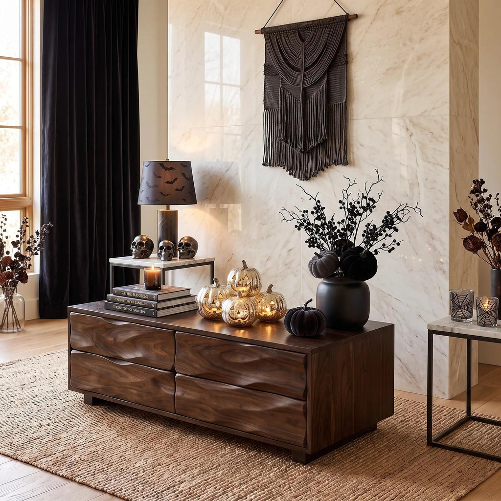 Halloween Wooden Storage Bench Drawers For Spooky Living Room Decor