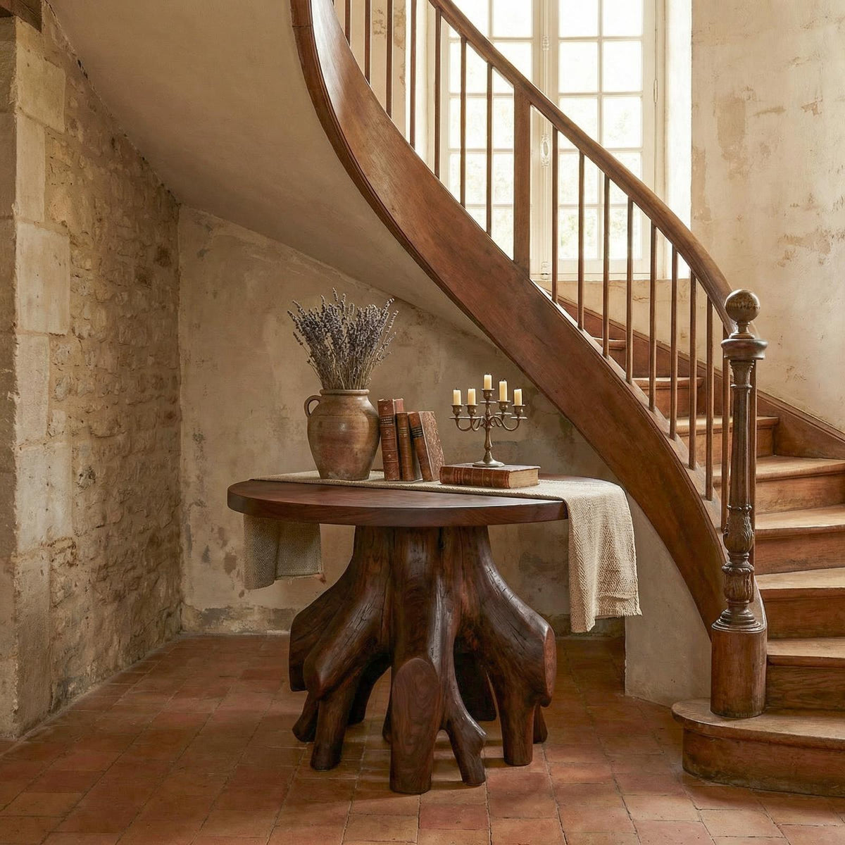 Organic Sculptural Foyer Table, Solid Wood Round Entryway Accent Table for Living Room