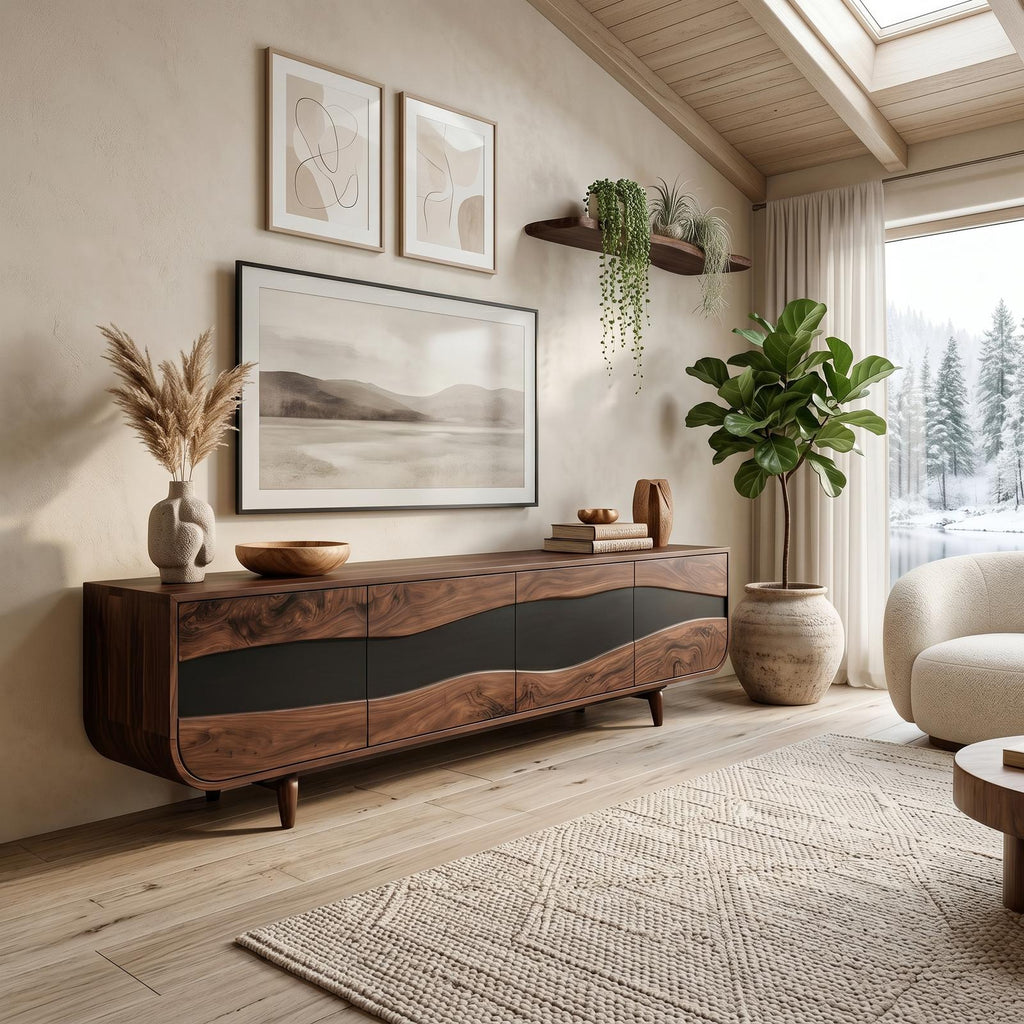 Handcrafted Wooden Live Edge TV Stand, Rustic Solid Wood Media Console & Entertainment Center