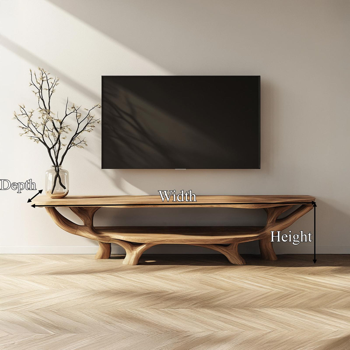 Rustic Organic Solid Wood TV Stand, Natural Live Edge Media Console Cabinet for Living Room & Bedroom