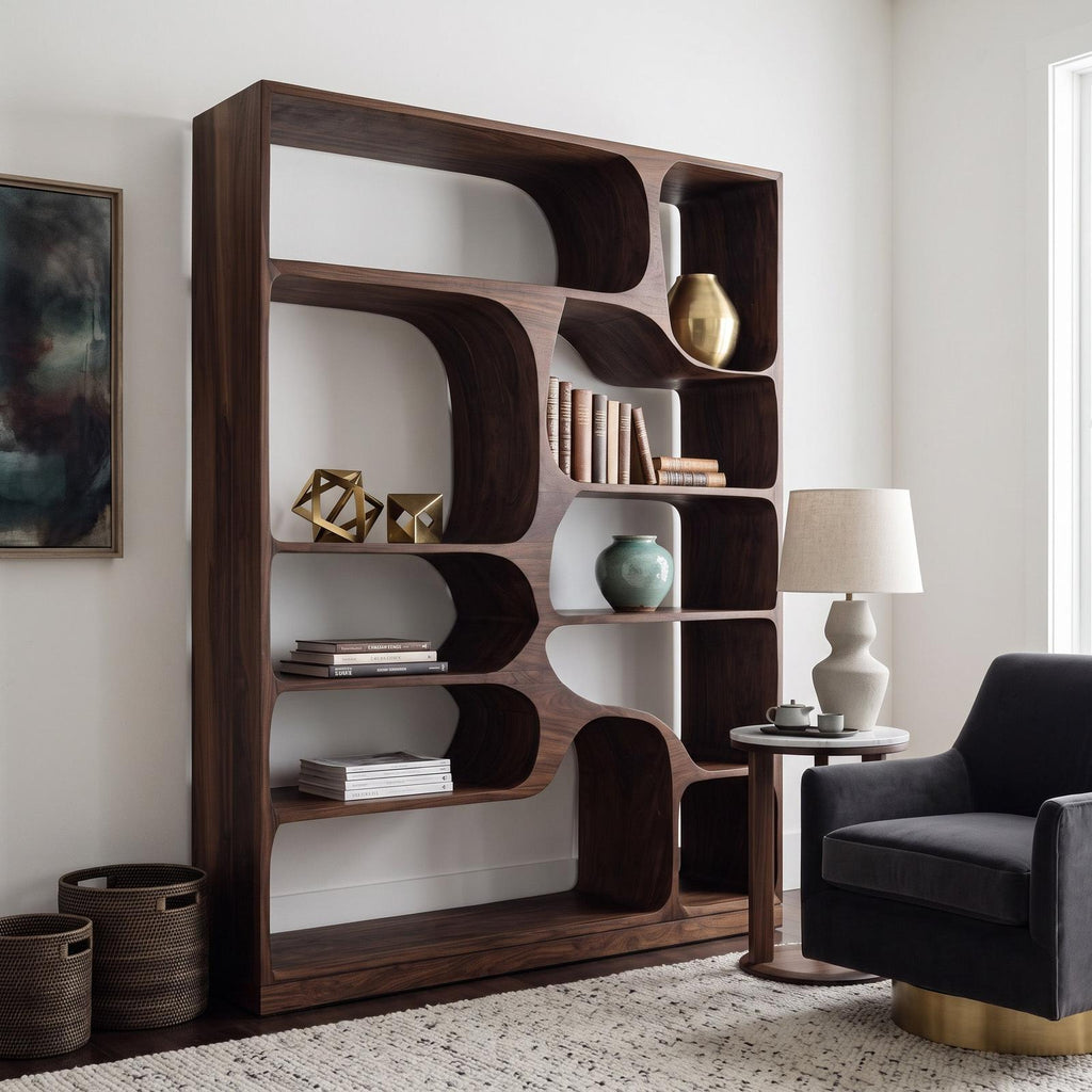 Artistic Wood Bookcase, Handcrafted Sculptural Bookshelf with Open Shelving for Living Room, Bedroom & Office