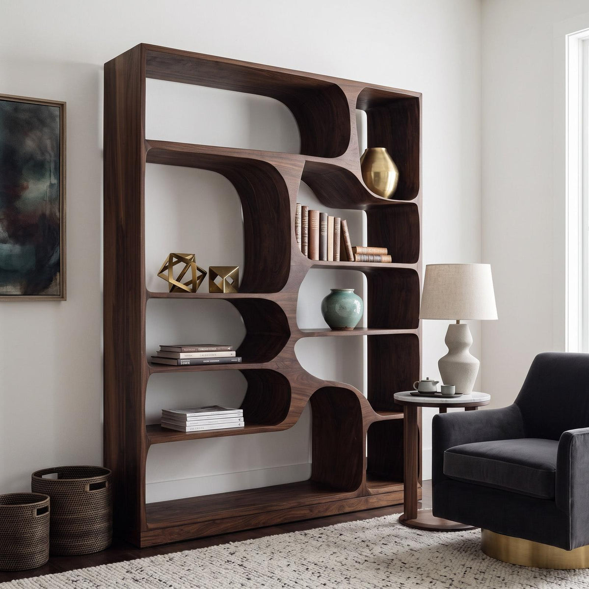 Artistic Wood Bookcase, Handcrafted Sculptural Bookshelf with Open Shelving for Living Room, Bedroom & Office