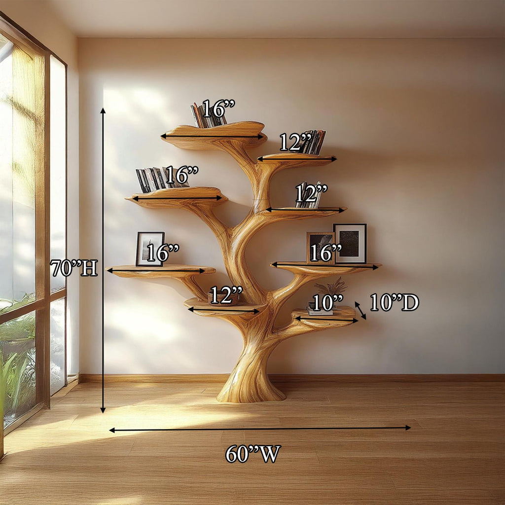 Rustic Mushroom Shaped Tree Bookshelf, Solid Wood Decorative Bookcase & Wall Organizer for Office & Living Room Decor