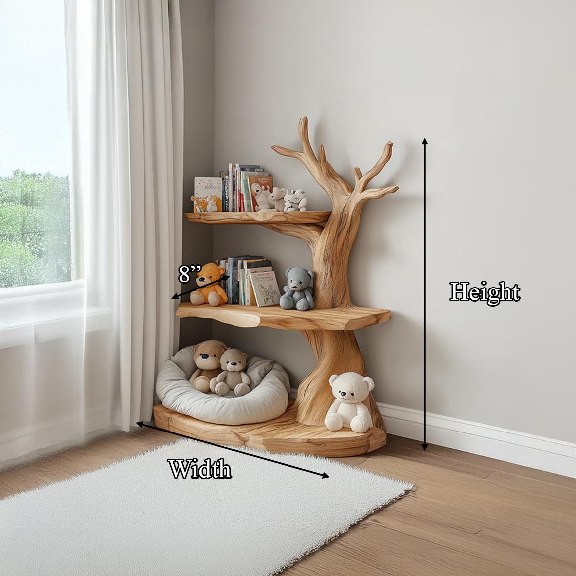 Rustic Corner Tree Bookshelf, Solid Wood Children Bedroom Wall Hanging Bookcase & Kids Floating Toy Organizer Shelf