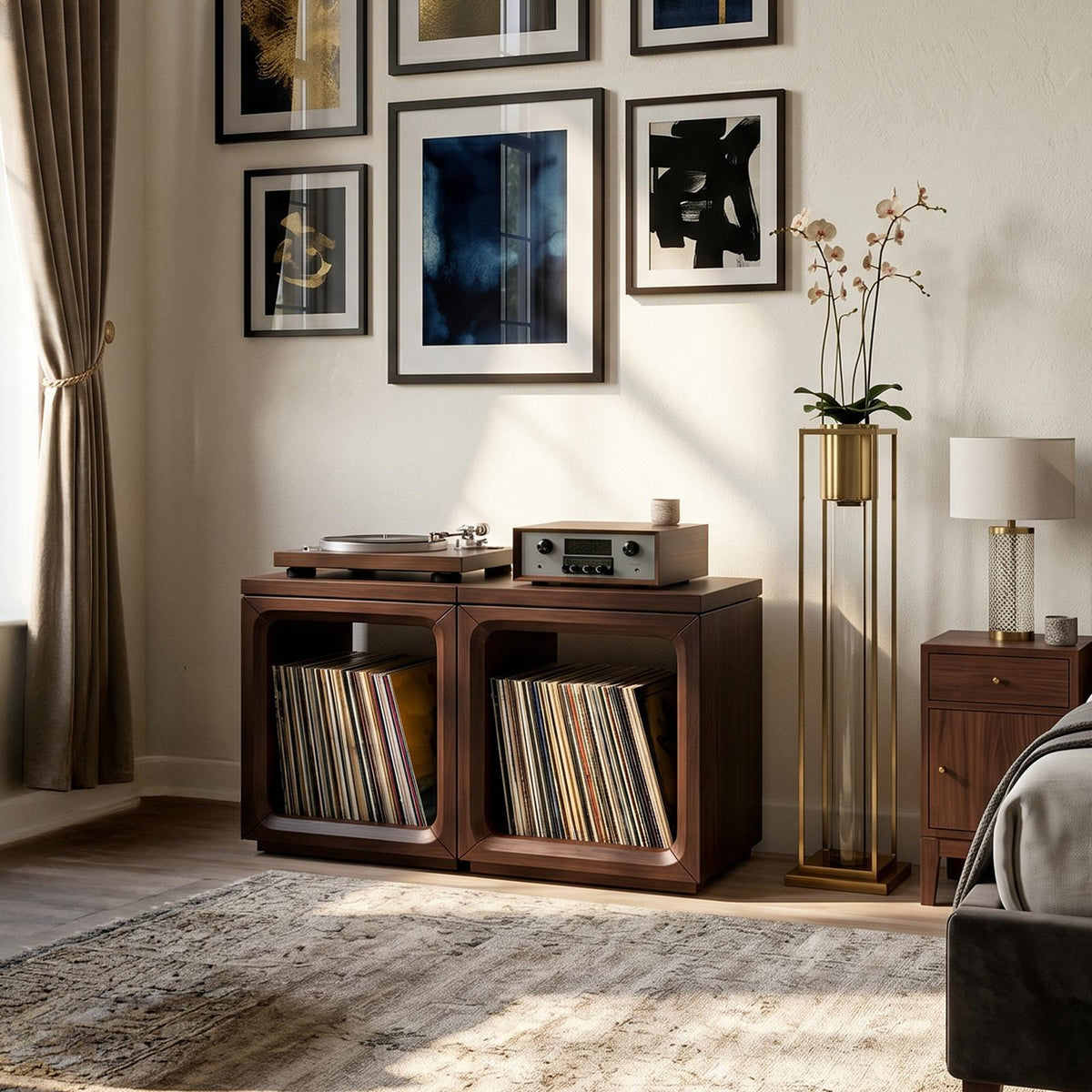Coastal Minimalist Wood Record Storage Cabinet, Handcrafted Beach House Style Turntable Stand & LP Shelf, Model