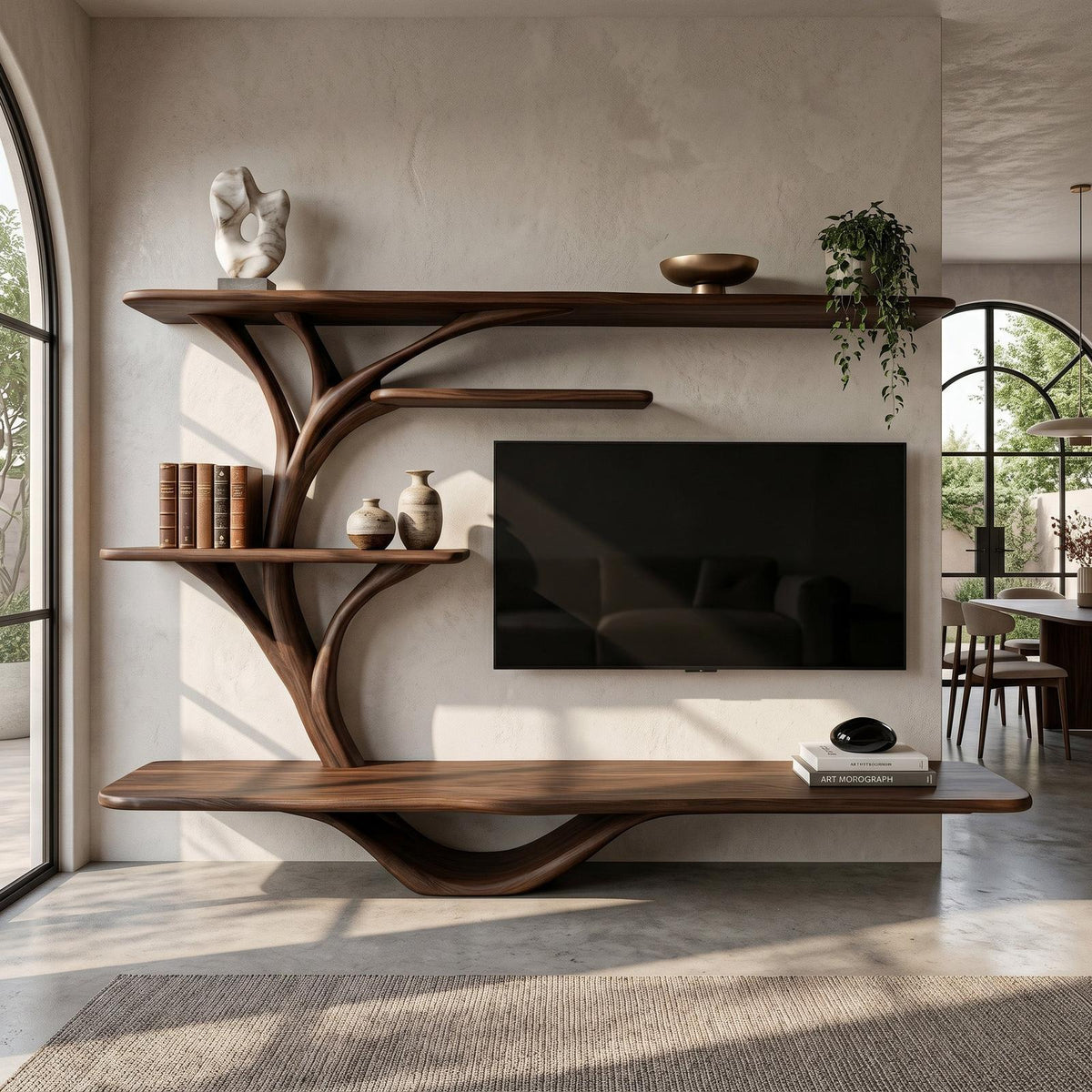 Organic TV Stand With Sculptural Branch Shelves For Living Room