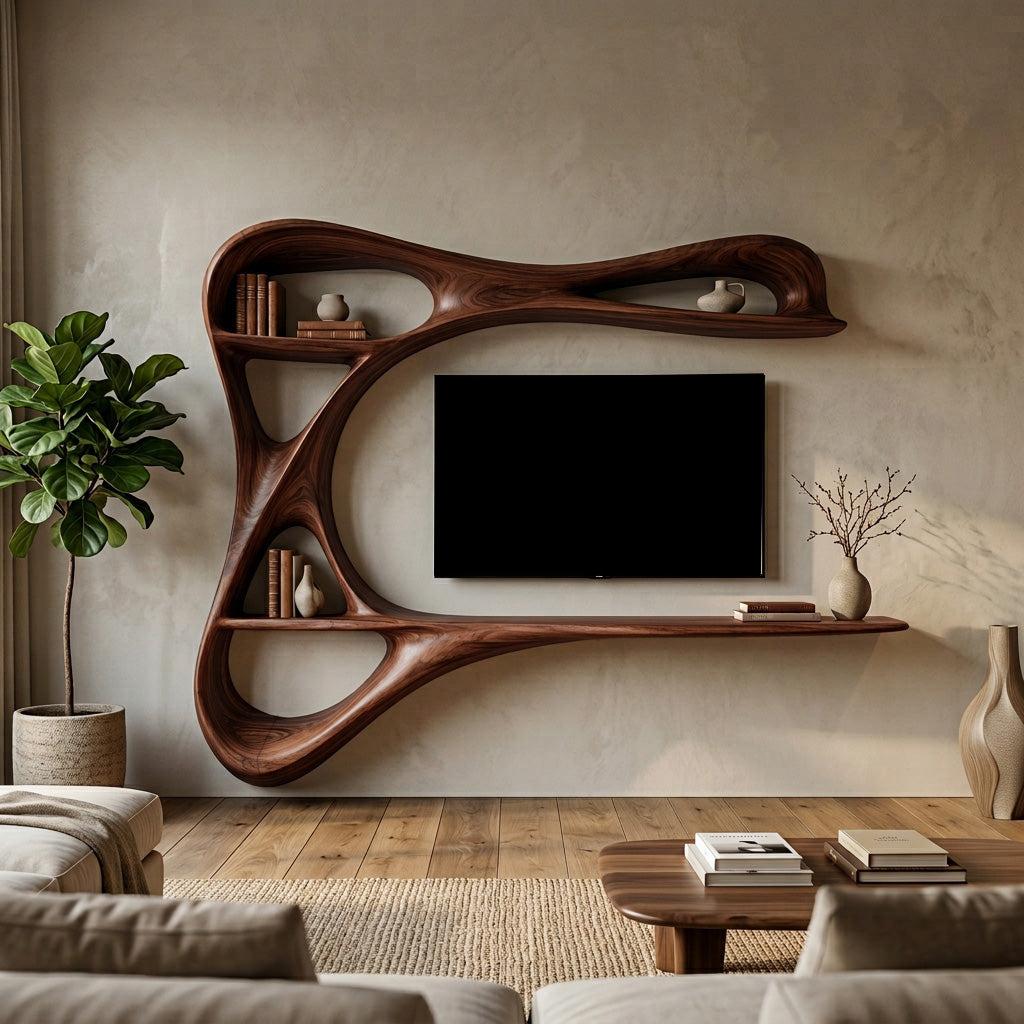 Contemporary Carved Frame TV Console With Integrated Shelves For Home