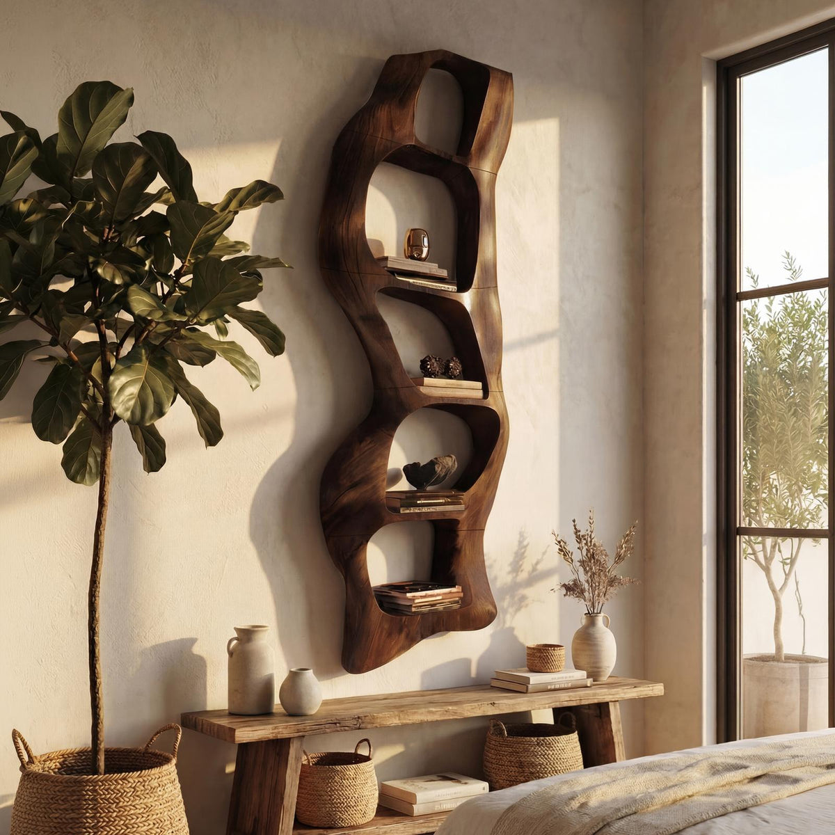 Contemporary Wooden Wall Shelf, Handcrafted Solid Wood Floating Storage Display Ledge Rack for Bedroom & Living Room Wall Accent, SILDTTNWMS035