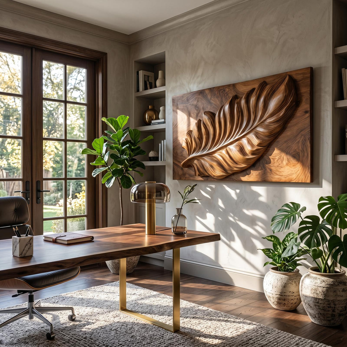 Nature Wooden Wall Art with Carved Leaf Design, Decorative Foliage Wall Panel for Living Room