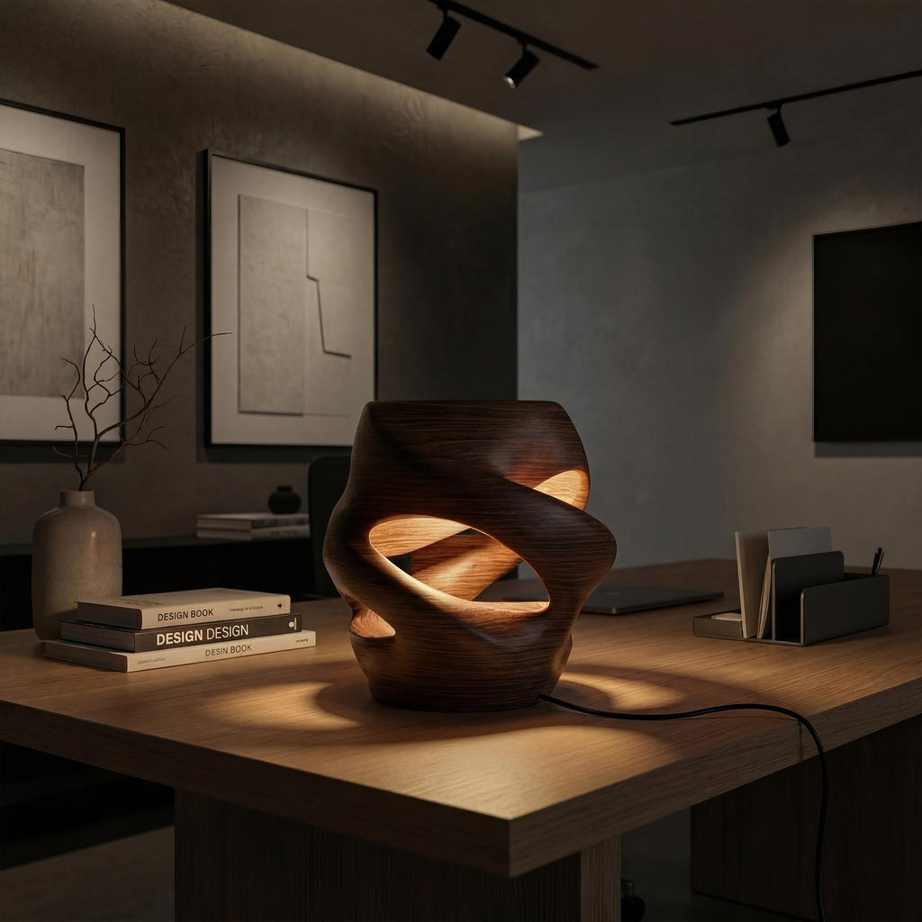 Contemporary Sculptural Table Lamp, Artistic Wood Accent Light for Dining Room & Kitchen Island