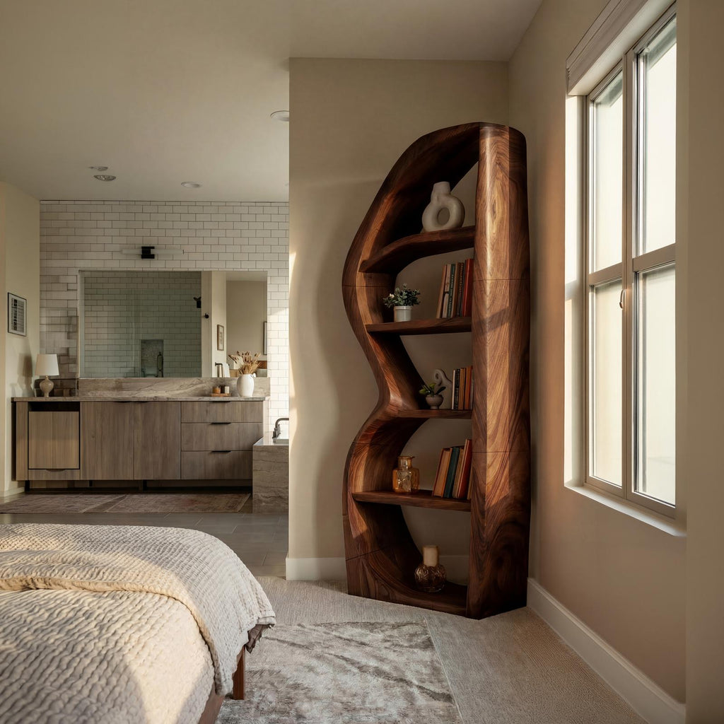 Mid-Century Modern Bookshelf, Unique Wooden Bookcase & Decorative Storage Shelves for Living Room