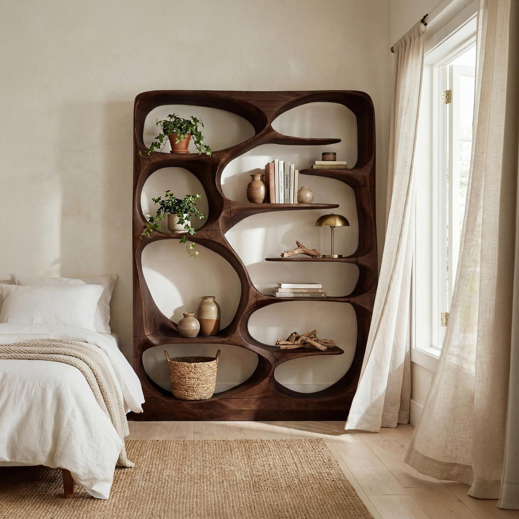 Modern Sculptural Wood Bookshelf, Handcrafted Artistic Storage Organizer Display Case Cabinet for Living Room