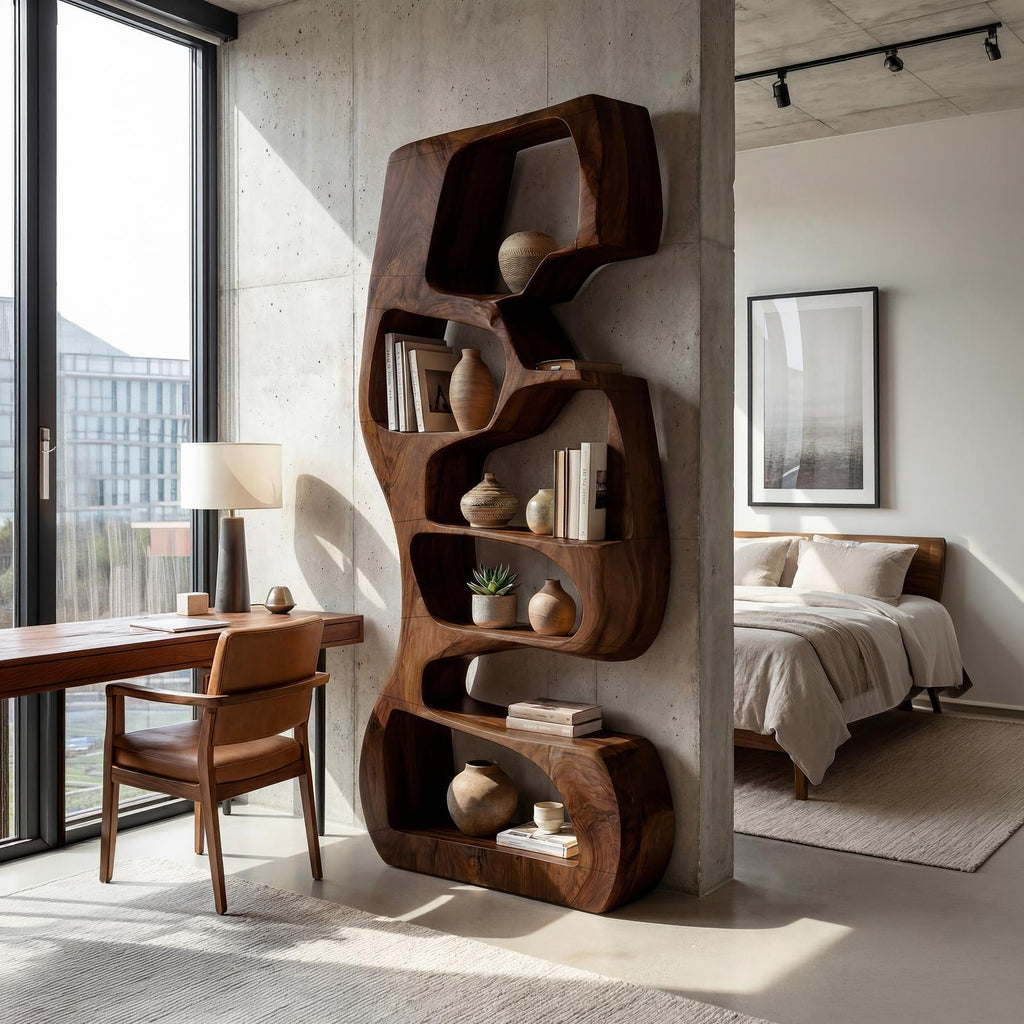 Japandi Geometric Bookshelf, Modern Wooden Storage Shelf Display Unit for Living Room & Kitchen