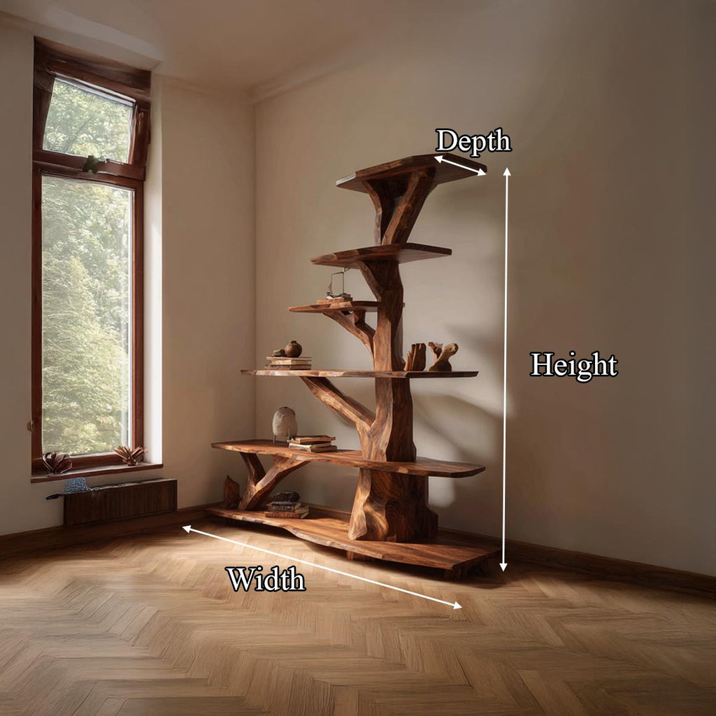 Rustic Free Standing Tree Bookshelf, Solid Wood Modern Floor Bookcase & Creative Storage Organizer for Living Room, Bedroom