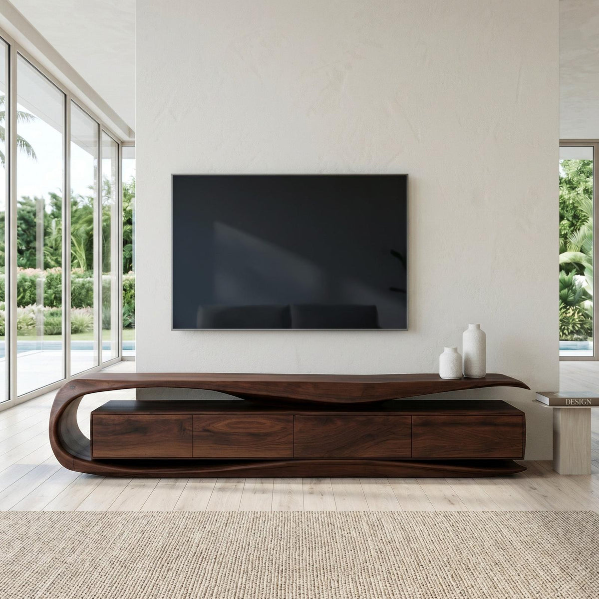 Modern Organic TV Console Table, Handcrafted Solid Wood Media Center Cabinet Sideboard Credenza for Living Room
