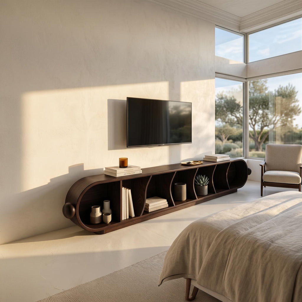 Contemporary Sculptural TV Stand, Luxury Wood Media Console Cabinet for Living Room