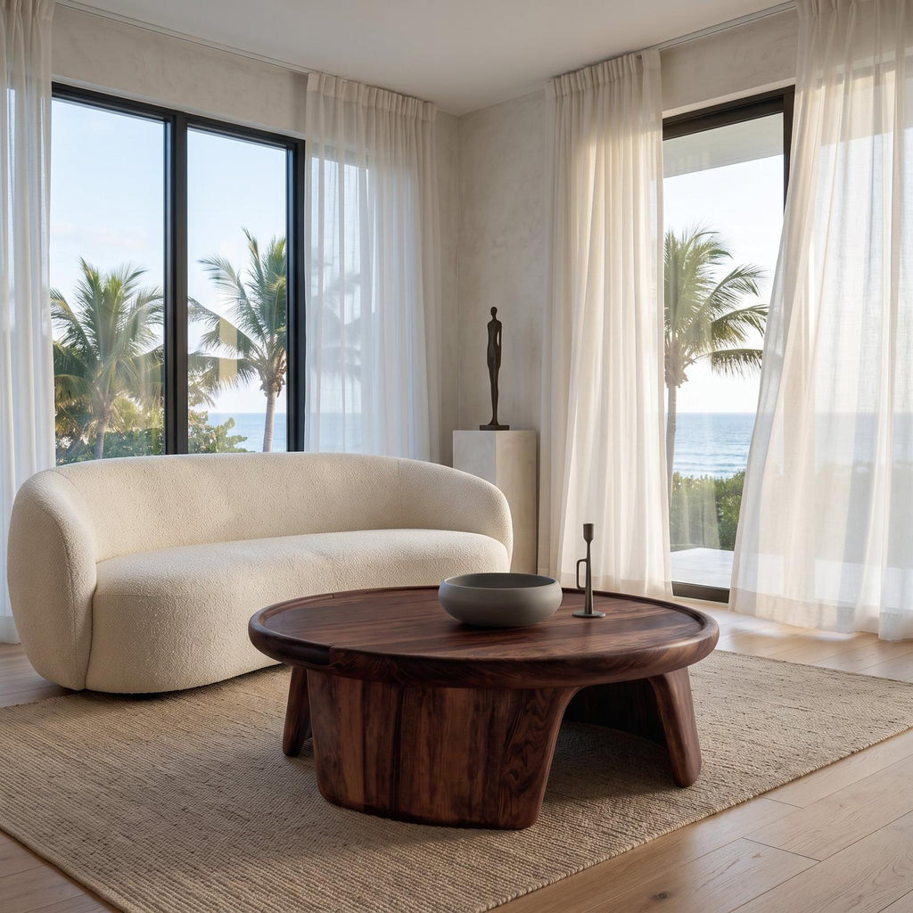 Modern Wooden Coffee Table with Triple Pedestal Base, Unique Round Wood Center Table for Living Room, Model