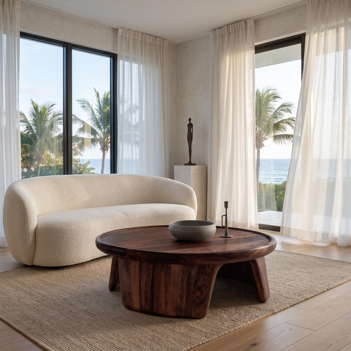 Modern Wooden Coffee Table with Triple Pedestal Base, Unique Round Wood Center Table for Living Room, Model