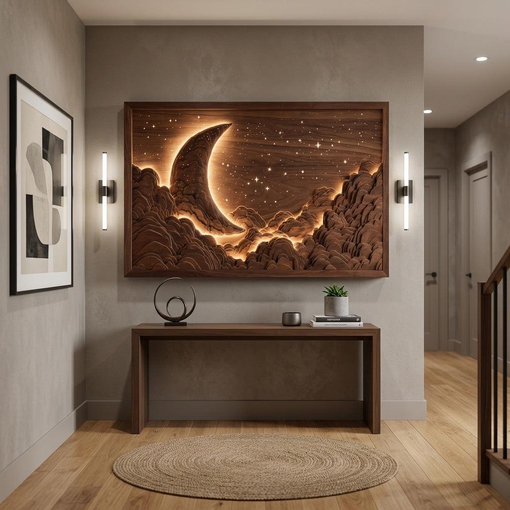 Teezano Handcrafted Moon & Stars Wooden Wall Art, Rustic Wood Carving Plaque Decor for Nursery & Kids Bedroom, SITHHNWA016