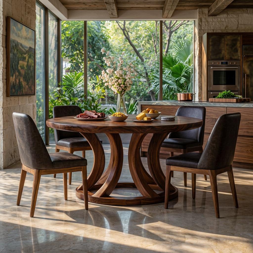 Spry Interior Contemporary Round Dining Table with Curved Unique Base, Handcrafted Solid Wood Kitchen Dining Table, Model RTTHTTDN053