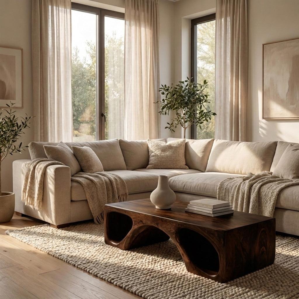 Spry Interior Contemporary Natural Wood Coffee Table, Unique Organic Form Solid Wood Center Table for Living Room, Model RTTHHNCF075