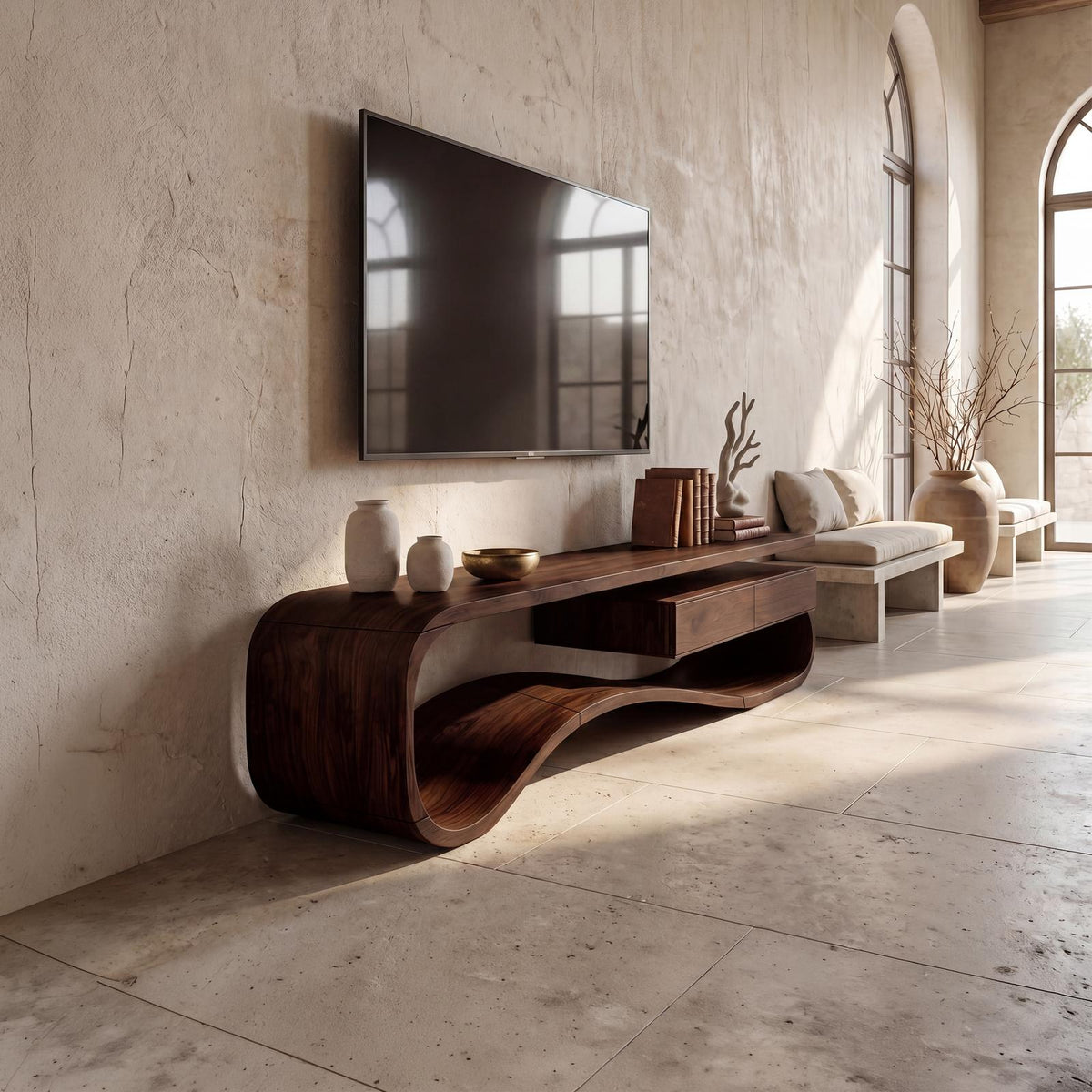 Contemporary Organic Wood TV Stand, Modern Media Console & Entertainment Center Cabinet for Lounge