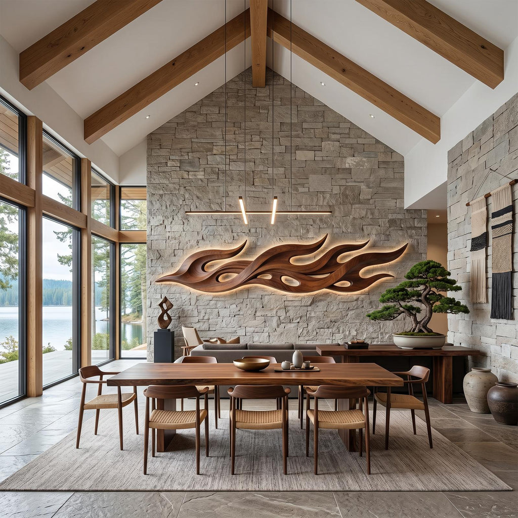 Scandinavian Relief Wood Wall Art, 3D Textured Minimalist Wall Decor Panel for Sitting Room and Dining Area