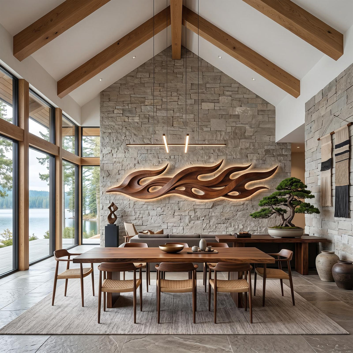 Scandinavian Relief Wood Wall Art, 3D Textured Minimalist Wall Decor Panel for Sitting Room and Dining Area