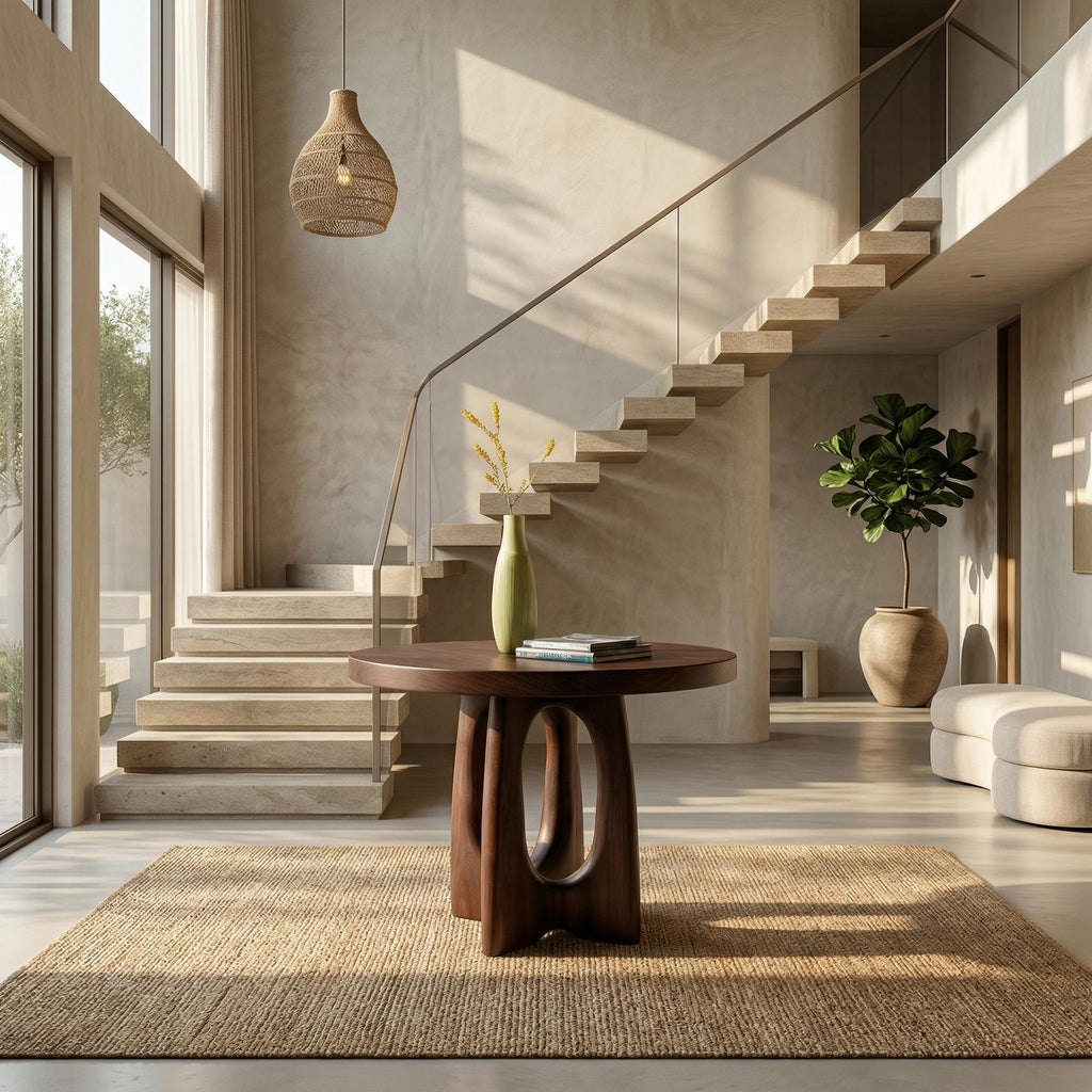 Round Entryway Center Table, Solid Wood Pedestal Foyer Table for Staircase, Hallway & Living Room