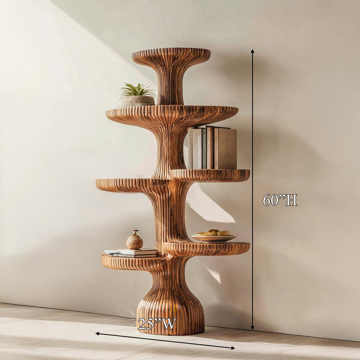 Sculptural Tiered Wood Tree Shelf, Handcrafted Floating Branch Wall Mounted Bookcase for Living Room Art