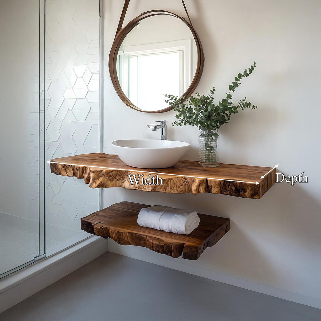 Spry Interior Rustic Floating Bathroom Vanity Shelf, Handcrafted Textured Solid Wood Single Sink Washstand, Farmhouse Wall Mount Decor SINLSABRV242