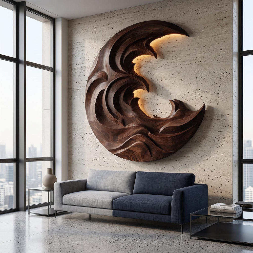 Organic Modern Wood Wave Wall Art, 3D Fluid Hand-Carved Coastal Wood Sculpture Panel for Living Room Decor