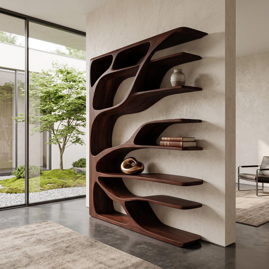 Modern Statement Bookshelf, Handcrafted Wood Bookcase & Sculptural Display Shelving Unit for Living Room Decor