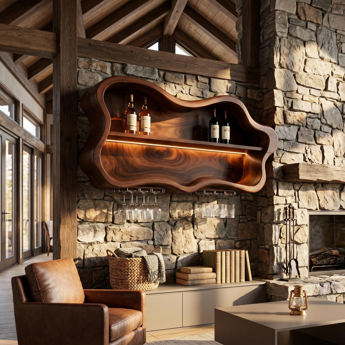 Modern Wood Wine Rack & Glass Holder, Solid Wooden Countertop Bottle Display Stand and Stemware Storage Hanger for Dining Area